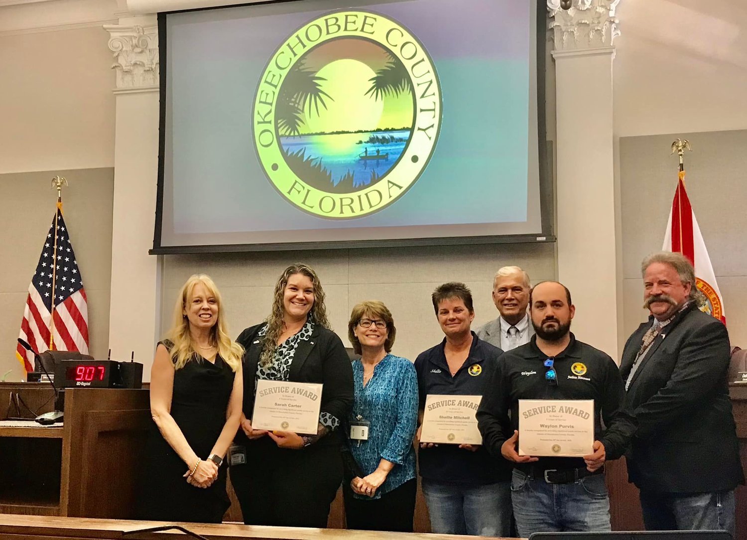 At their July 28 meeting, Okeechobee County Commissioners honored employees for milestone years of service.
